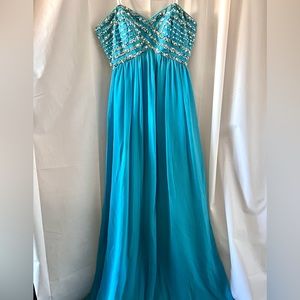 Camille La Vie Teal Rhinestone Beaded Long Gown